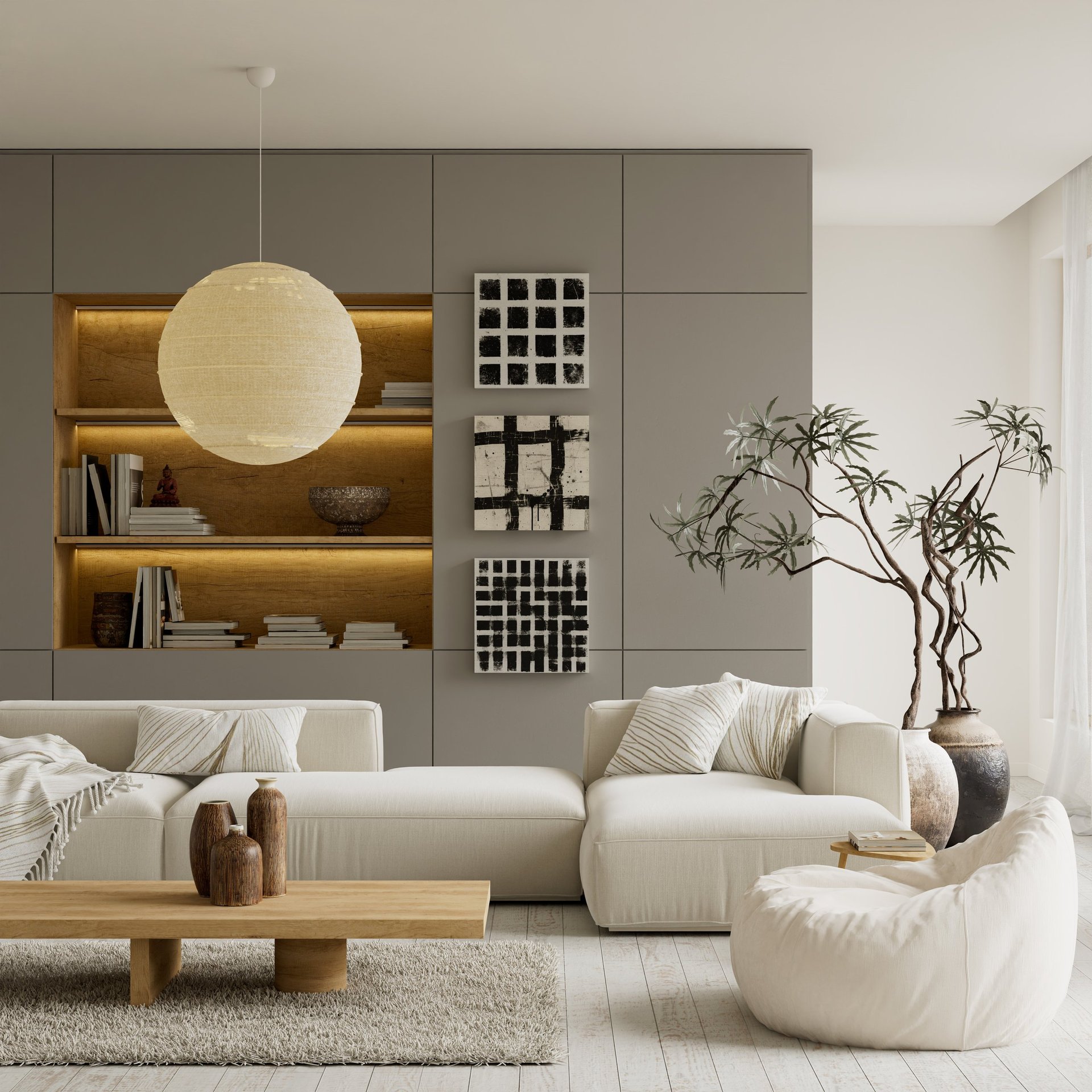 Contemporary minimalist living room interior designed with refined furniture, soft daylight and neutral tones