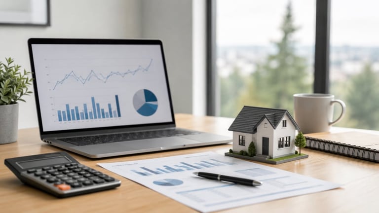 Desk workspace with laptop showing financial charts, calculator, model house, coffee mug, and printed documents analyzing real estate or investment data