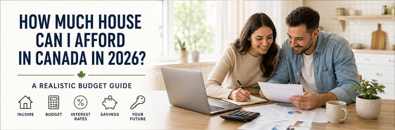 A couple reviewing house budget documents on a laptop with the title How Much House Can I Afford in Canada in 2026? A Realistic Budget Guide
