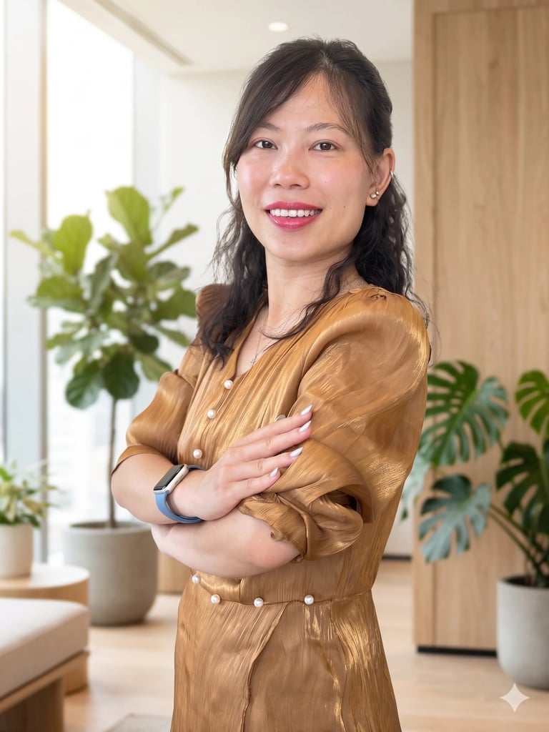 Smiling woman in gold-brown shirt standing with crossed arms in bright room with potted plants