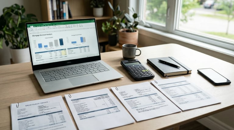 Organized desk workspace with laptop displaying charts, printed documents, coffee cup, and mobile devices near a bright window with plants
