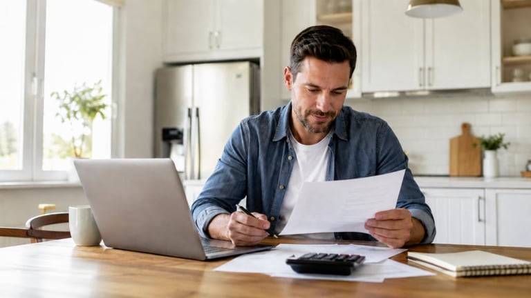 Man in blue shirt working at kitchen table with laptop and documents, reviewing paperwork
