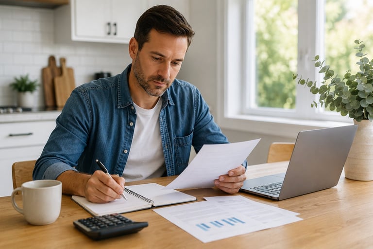 Man working at home office desk with laptop and documents, holding paper while writing notes in notebook