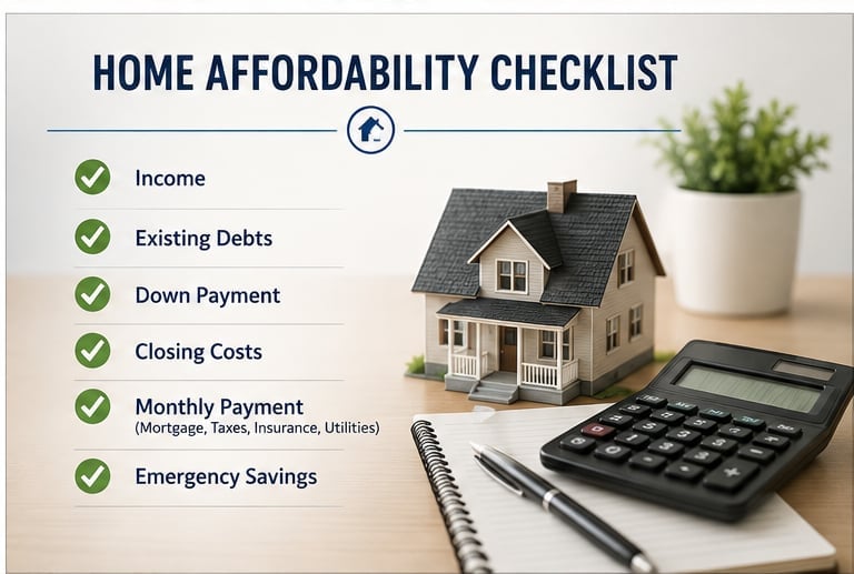 Home Affordability Checklist with checkmarks for Income, Debts, Down Payment, Closing Costs, Monthly Payment, and Emergency Savings, displayed with a miniature house model and calculator