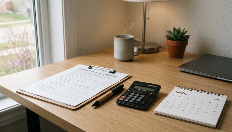 Organized home office desk with clipboard, pen, calculator, calendar, laptop, coffee mug, and potted plant by a window