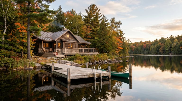Rustic cabin on a lake surrounded by autumn forest trees with a wooden dock and canoe in the foreground
