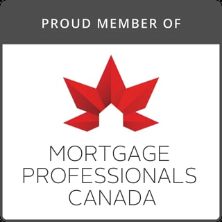 Proud member badge of Mortgage Professionals Canada featuring a red maple leaf logo on white background