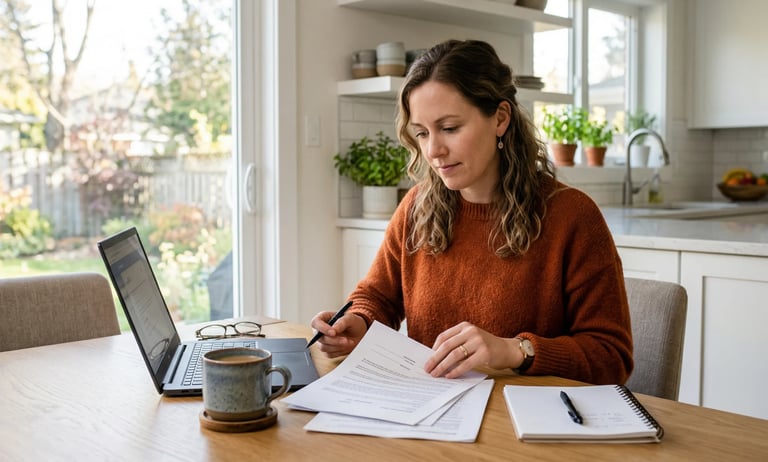 Woman in orange sweater working at home, reviewing documents at a table with laptop and coffee mug nearby