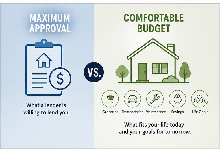 Infographic comparing maximum approval vs comfortable budget, showing lender loan limits versus household budget that covers essential expenses and goals