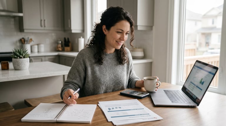 Woman working at home office desk with laptop, documents, and coffee mug, smiling while reviewing papers