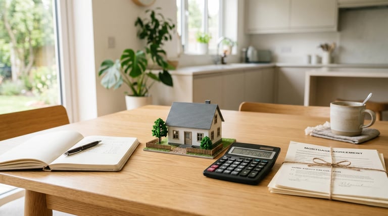 Wooden desk with open notebook, model house, calculator, coffee mug, and papers by sunlit windows with kitchen in background