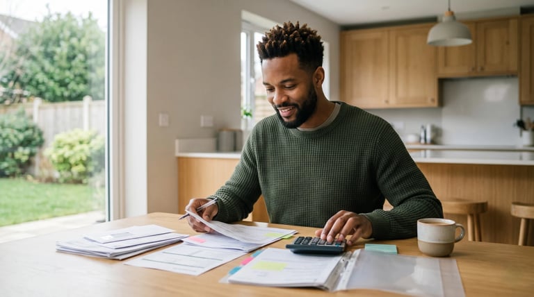 Man in green sweater working at kitchen table with documents and calculator, cup of coffee nearby