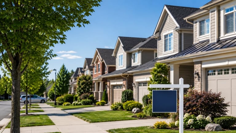 Suburban neighborhood street lined with two-story homes, manicured lawns, mature trees, and a blank real estate sign in foreground