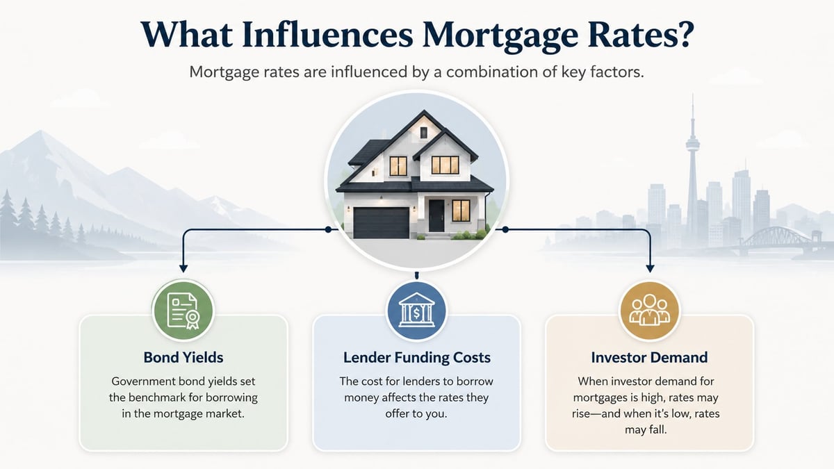 Infographic showing three factors that influence mortgage rates: Bond Yields, Lender Funding Costs, and Investor Demand, with a house illustration at the center.